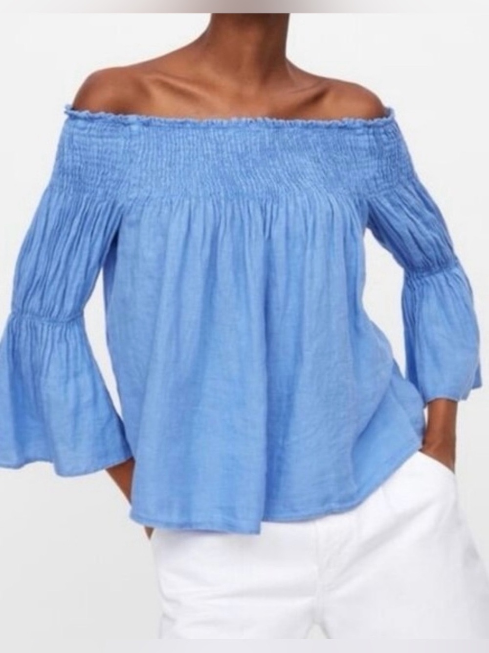 ZARA Off The Shoulder Linen Smocked Top